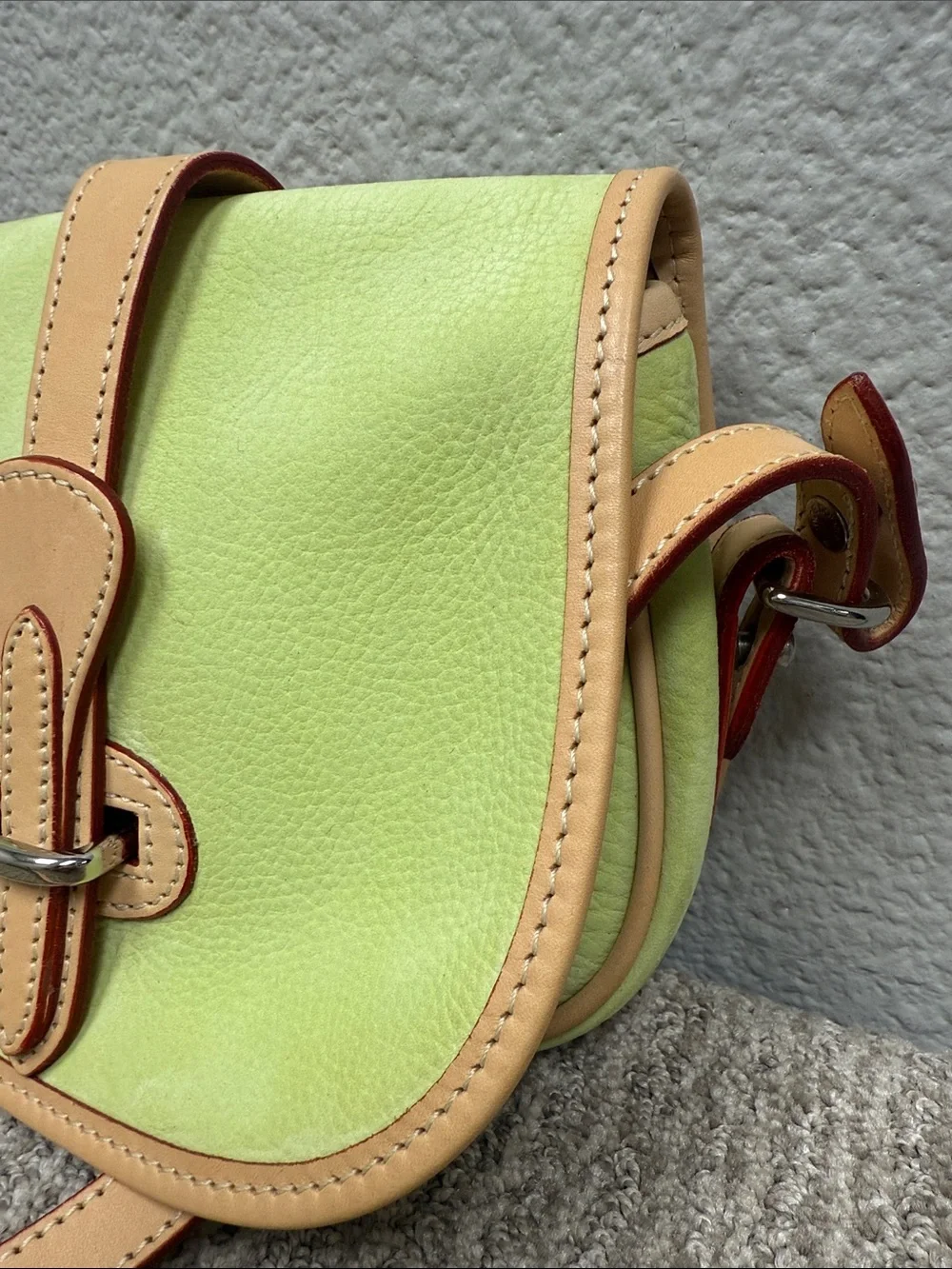 Rare Dooney & Bourke Nubuck/Suede Lime Green & Tan Leather Saddle BagCrossbody